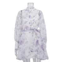 Stand-collar Long-sleeve Tie-front Printed Dress