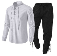 Men's Long Sleeve Linen Cotton Shirt Casual Solid Color Two-Piece Set