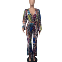Fashion Printed Flared Long-sleeved Jumpsuit Wide Leg Pants