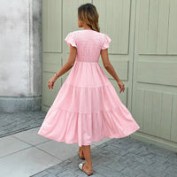 Pink Midi Dress With Ruffled Sleeves And A Tiered Hem