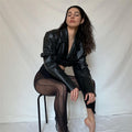 Women's New Style Long-sleeved Lapel Umbilical Slimming PU Leather Top