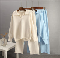 European And American-style Solid-color Lapel Sweater Set For Women, FallWinter