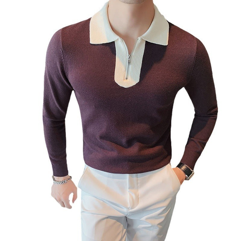 Men's Sweater Long-sleeved Shirt Slim Fit Close-fitting Color Contrast Bottoming Shirt