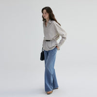 V-neck Waist-cinching Striped Loose Shirt For Women