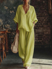 Womens V-neck Loose Short-Sleeve Casual Pants Two-Piece Set