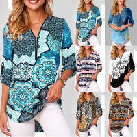 V-neck Zipper Long Sleeve Rollable Sleeves Loose Shirt
