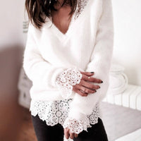 Elegant Elegant V-neck Loose Stitching Lace Sweater