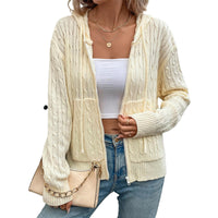 Women's Hooded Twisted Solid Color Sweater Cardigan