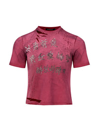 Men's Summer Spray Dirty Washed Distressed Slim-fit Red Short Sleeve