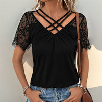 V-neck Basic Casual T-shirt Lace-panel Short-sleeve Top For Women