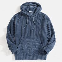 Men's Sweater Thick Corduroy Long Sleeve Solid Color Kangaroo Pocket Hanging Shoulder Hoodie
