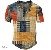 Men's Clothing Graphic Plaid Color Block Printed Men's Waffle Henley Shirt Short Sleeve