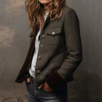 Vintage Herringbone Pattern Tweed Blazer With Velvet Trim