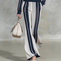 Hollow-out Striped Shirt And Loose-knit Wide-leg Pants Set