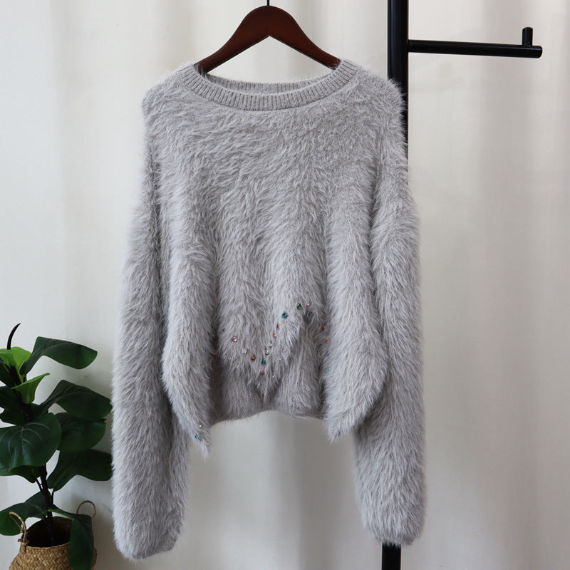 Irregular Nail Drill Mink Fur Knitted Sweater Top