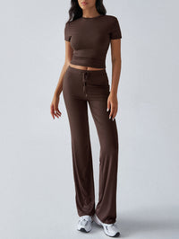 SpringSummer Elegant Solid Color Crew Neck Short Sleeve Top And Pants Set