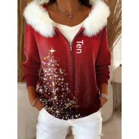 Stylish 3D Digital-Print Womens Cardigan With Faux Fur Hoodie