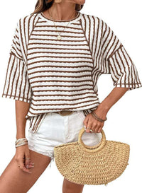 Casual Loose-fit Striped Crewneck Color-block Short-sleeve T-shirt
