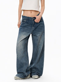 Star-print Wide-leg Denim Jeans For Women Washed Loose-fit Casual