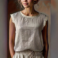 Sleeveless Lace-panelled Crew-neck Top Loose-fitting And Figure-flattering