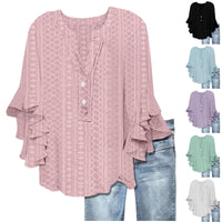 Printed Casual Trend V-neck Flounce Sleeve T-shirt