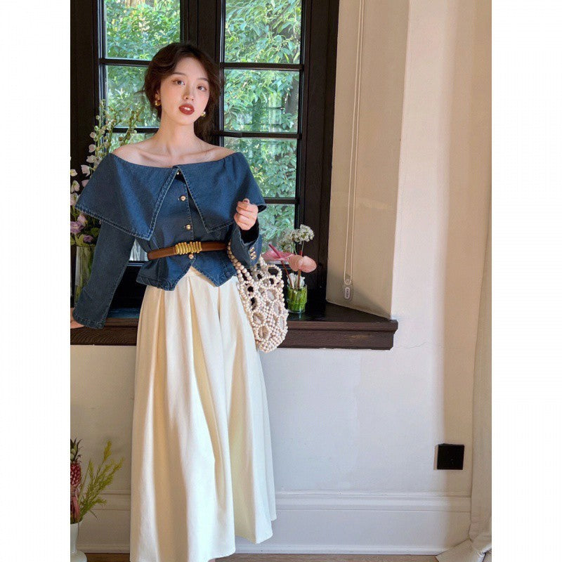 Lapel Long Sleeve Denim Waist-controlled Top Mid-length Skirt