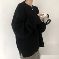 Slit Hemline At Hem Loose Sweater Round Neck Pullover Top Women