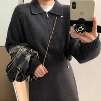 Lapel Half Zipper Solid Color Sweater For Women Loose Pullover
