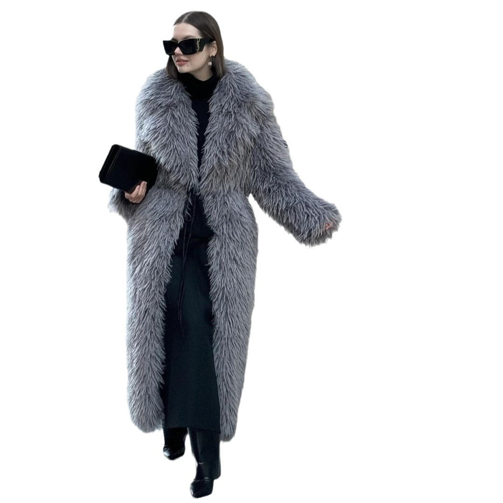 Gray Lapel Extended Plush Coat Warm Thickened Fleece-lined