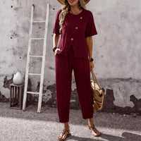 Elegant Buttoned Short-Sleeve Pants Casual Two-Piece Set
