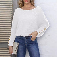 Women's Pearl Button Batwing Sleeve Off-neck Loose Sweater
