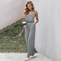 Fashion Sling Solid Color Printing Pocket Casual Jumpsuit
