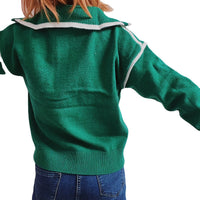 Casual Knitted Zipper And Lapel Contrast Color Long Sleeves Women's