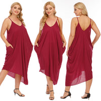 V-neck Slip Dress Irregular Loose Womens Dress With Two Pockets