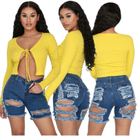 Hand-worn high waist denim shorts