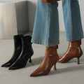 Stiletto-heeled Cowhide Pointed-toe Ankle Boots With A Back Zipper