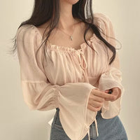 Early Spring French Minority Stringy Selvedge Lace-up Square-neck Cinched Bell Sleeve Chiffon Shirt Short Shirt