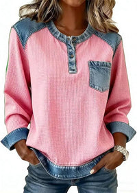 Patchwork Button Pocket Long Sleeved Round Neck Top