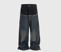 Cat Whisker Distressed Long Pants Unisex Double Waist Patchwork Jeans
