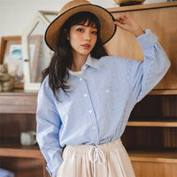 Women's French-style Blue Sun-Protective Casual Cotton-Linen Striped Shirt