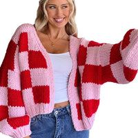 Loose Plaid Contrast Color Thick Needle Cardigan Sweater Coat