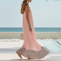 Mesh Contrast-color Halter Maxi Dress Sleeveless Casual Sundress