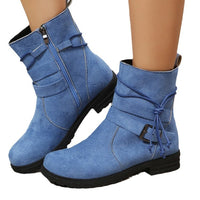 Buckle Square Heel Round Head Fashion Boots New Side Zipper Mid-calf