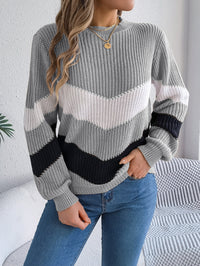 Women Casual Color Block Lantern Sleeve Pullover Sweater