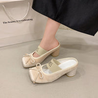 French Retro Bow Mary Jane Shoes With Toe Caps, Half Drag Ballet High Heels, Women's Casual Thick Heels