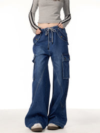 Women's Retro Multi-pocket Jeans Loose Straight Cargo Pants