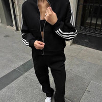 Contrast-color Sweatshirt Cardigan And Pants Set For Women