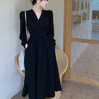 Elegant Long Sleeve V Neck Solid Color Dress