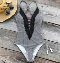 Women's Siamese Lace Striped Bikini