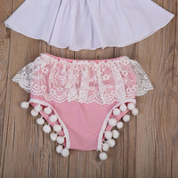 Three tops with fringed shorts and headbands